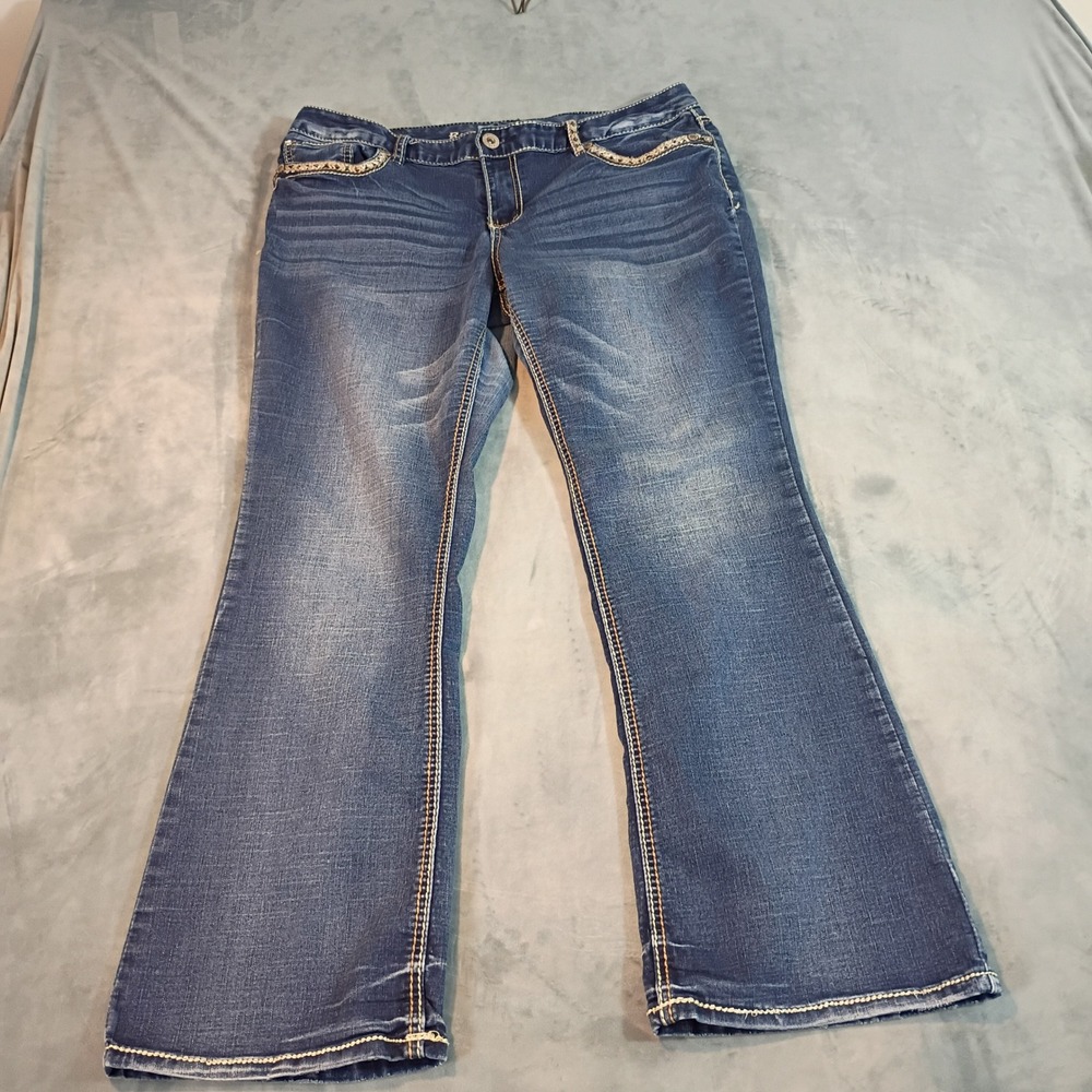 Rhythm in Blues Womens Bootcut Jeans 12 Short Dark Wash Embroidered Sequin Denim